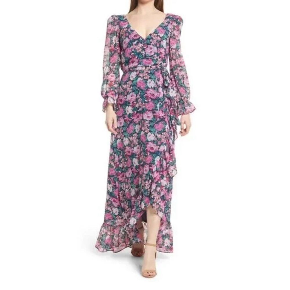 WAYF Floral Print Purple Long Sleeve Summer Midi Dress